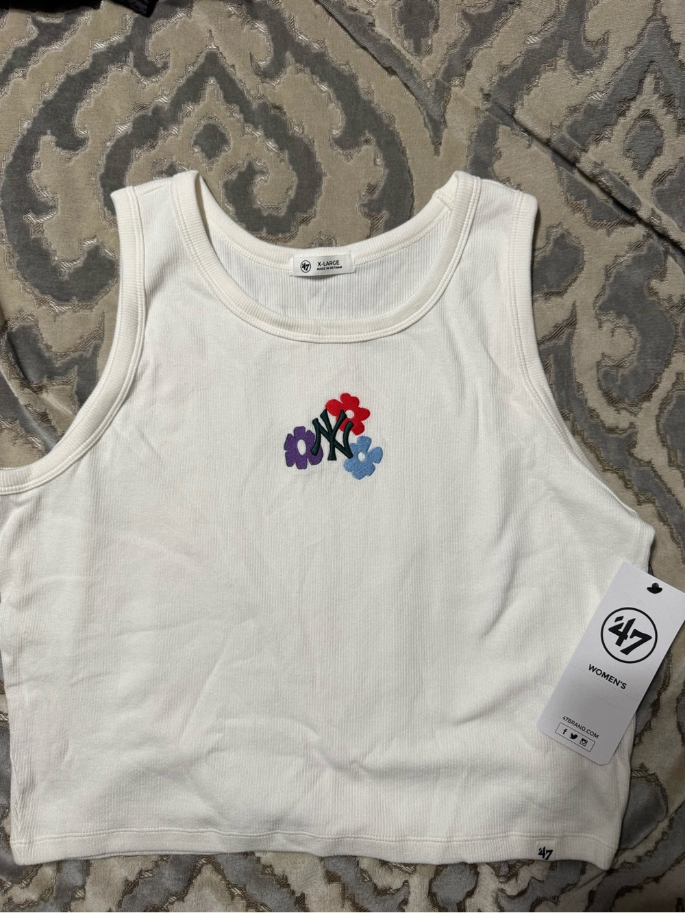 47 Women's White Ribbed Crop Tank with Multi-Color Floral NY Logo